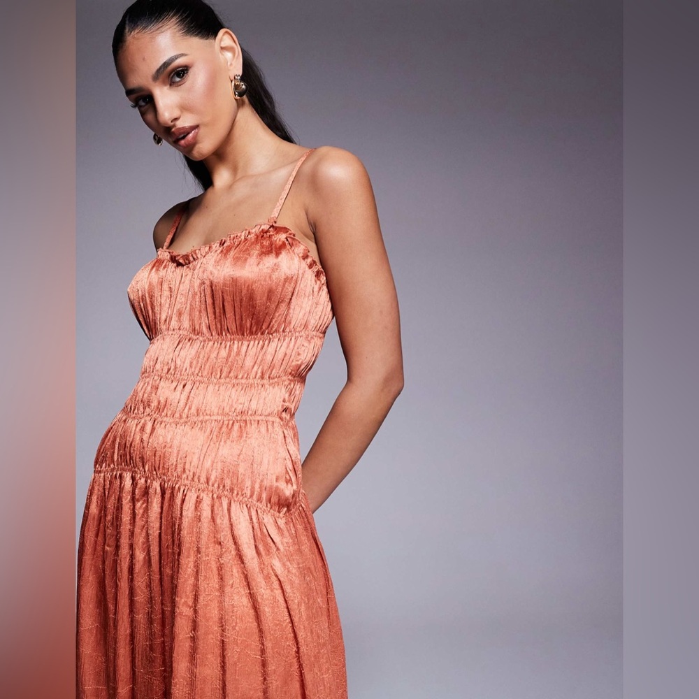 ASOS DESIGN crushed satin smocked bodice maxi dress in copper women’s Size 4 - Picture 2 of 9